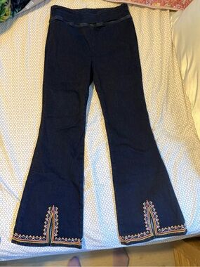Johnny Was Dark Blue Embroidered Flare Jeans